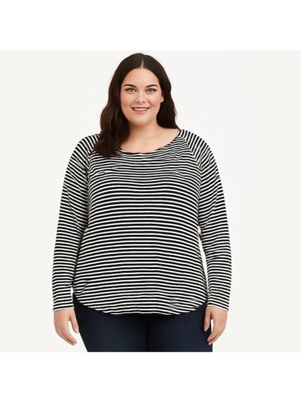 Torrid Womens Waffle Scoop Neck Long Sleeve Top Black White Stripe Size 2 | 2X